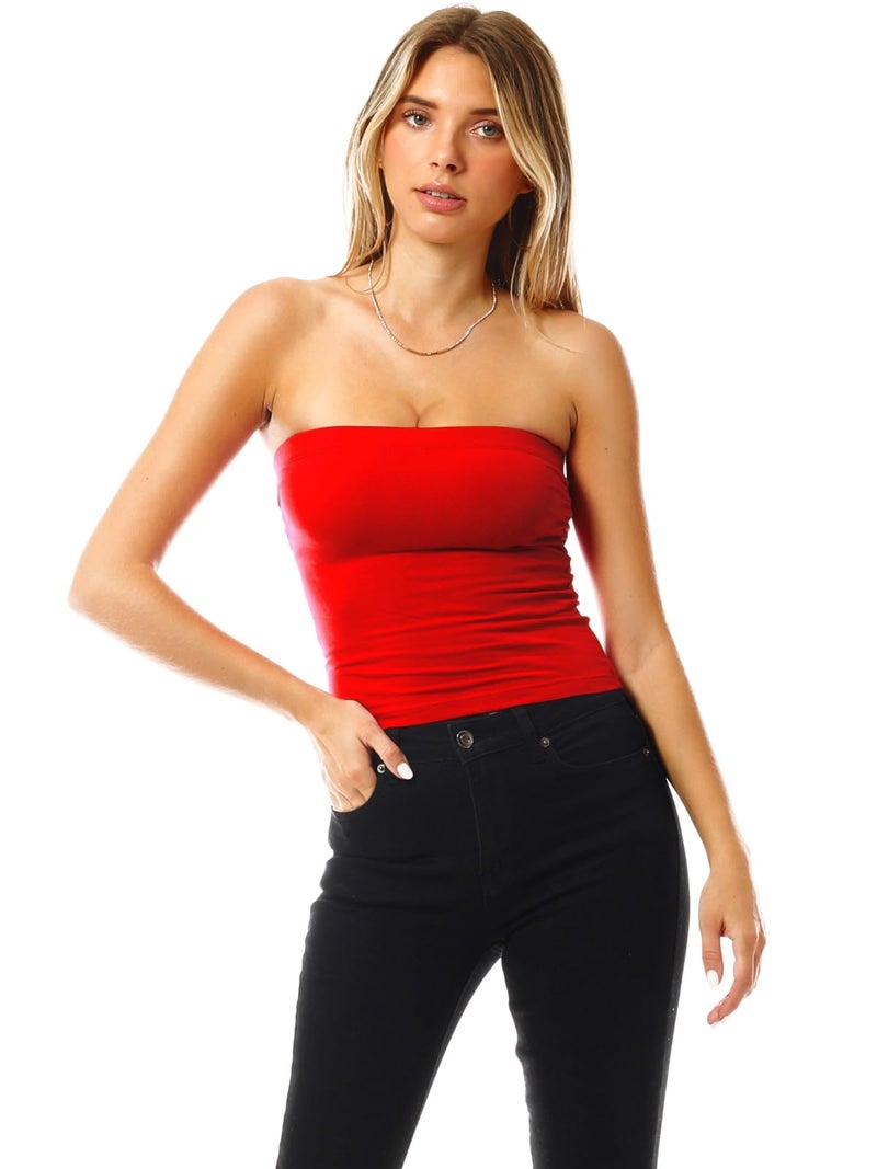 MixMatchy Women's Solid Casual Summer Side Shirring Scrunched Double Layered Tube Top 3PACK - Black/White/Red L - Image 2